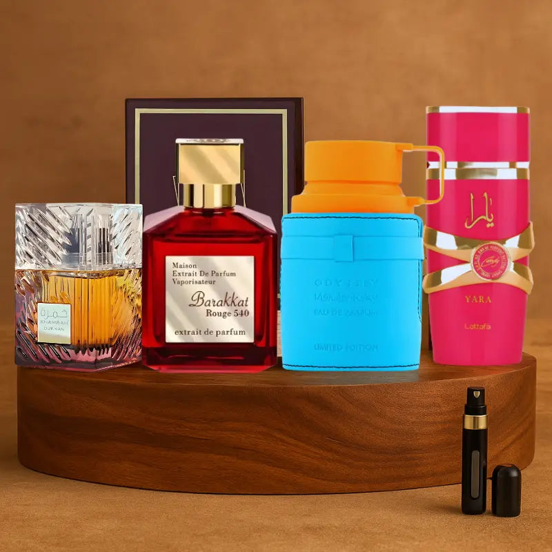 Kit 4 Perfumes Khamrah Dukhan, Yara Candy, Rouge 540, Mandarina Sky