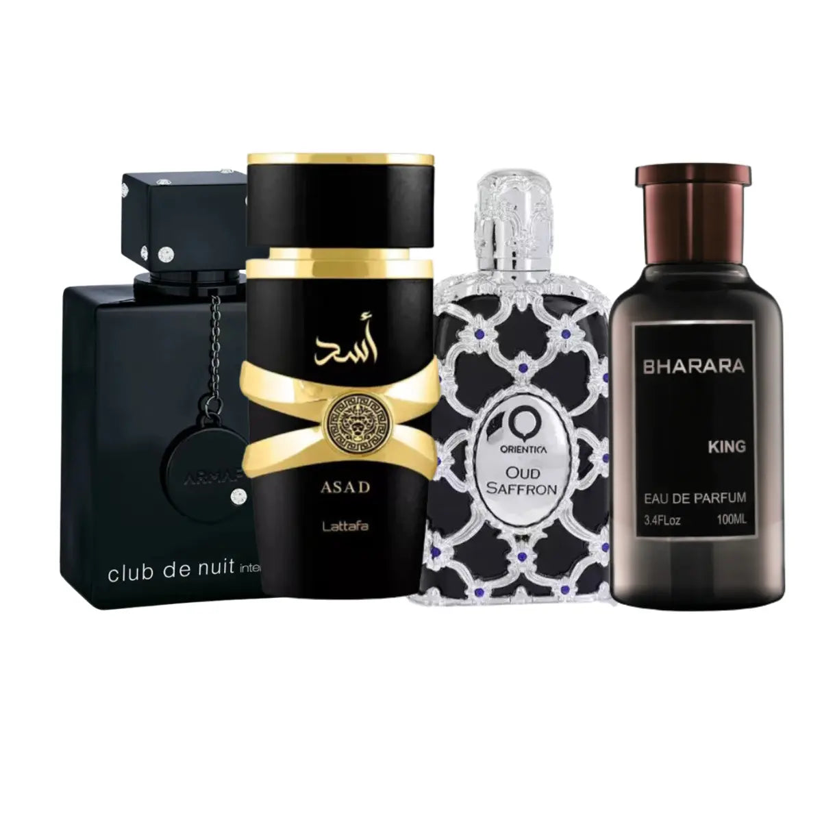 Kit 4 Perfumes Club de Nuit, King, Oud Saffron, Asad