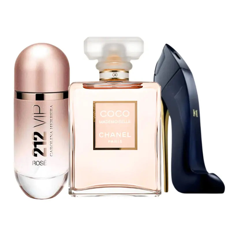 Kit 3 perfumes Good Girl, 212 Vip Rosé, Mademoiselle
