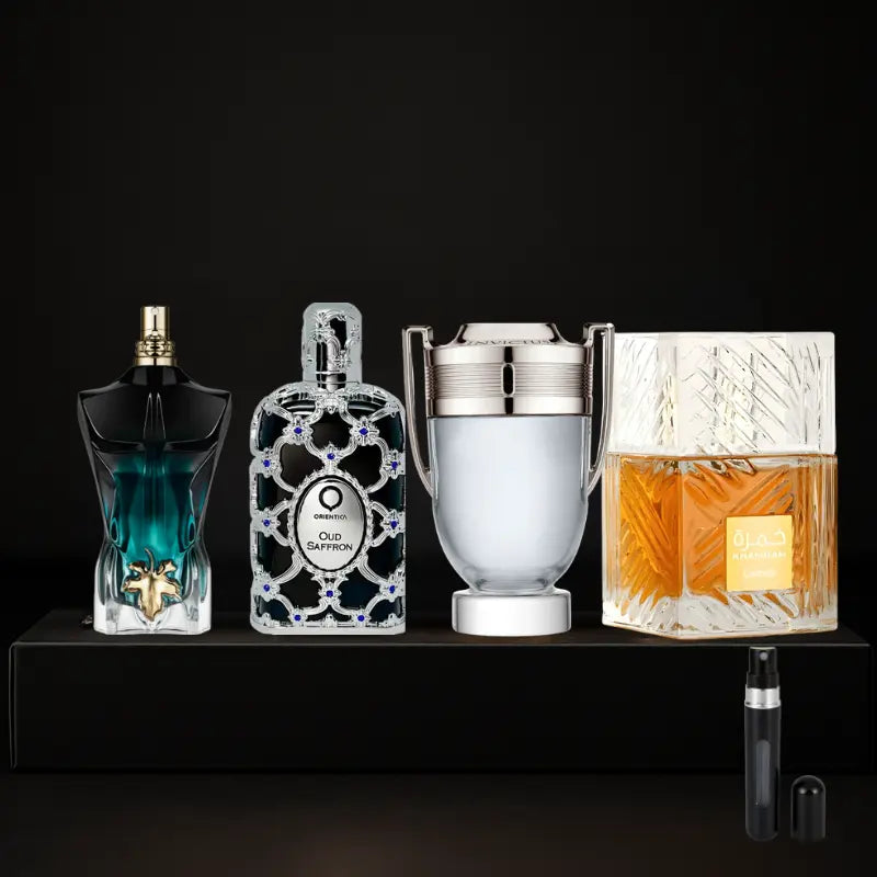 Kit 4 Perfumes Oud Saffron, Invictus, Le Beau Le Parfum, Khamrah