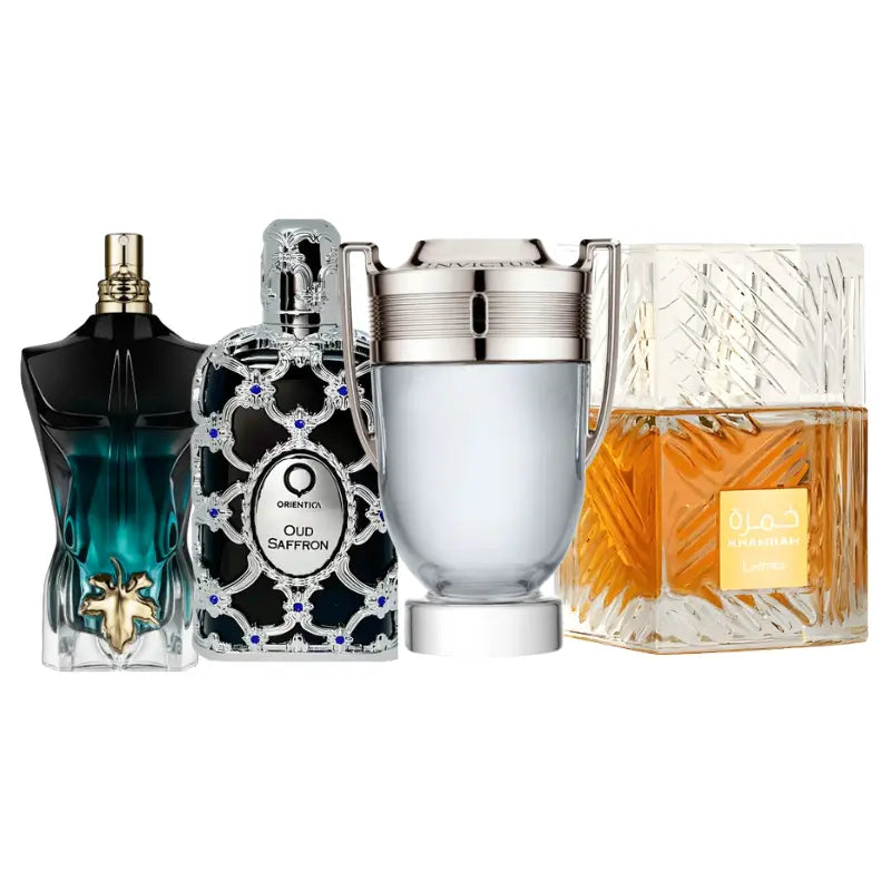 Kit 4 Perfumes Oud Saffron, Invictus, Le Beau Le Parfum, Khamrah