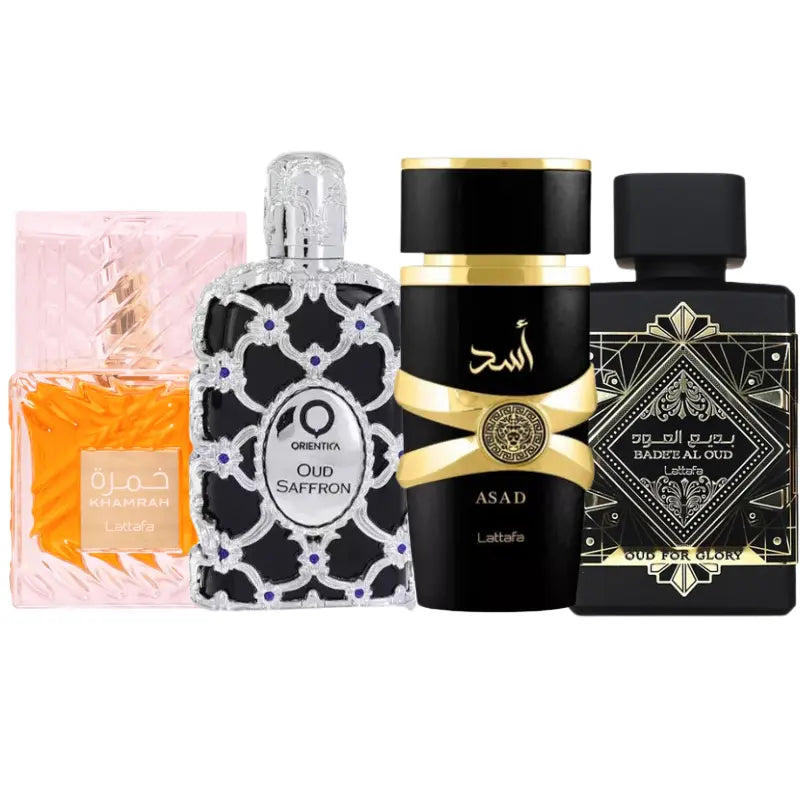 Kit 4 Perfumes Asad, Oud For Glory, Khamrah, Oud Saffron